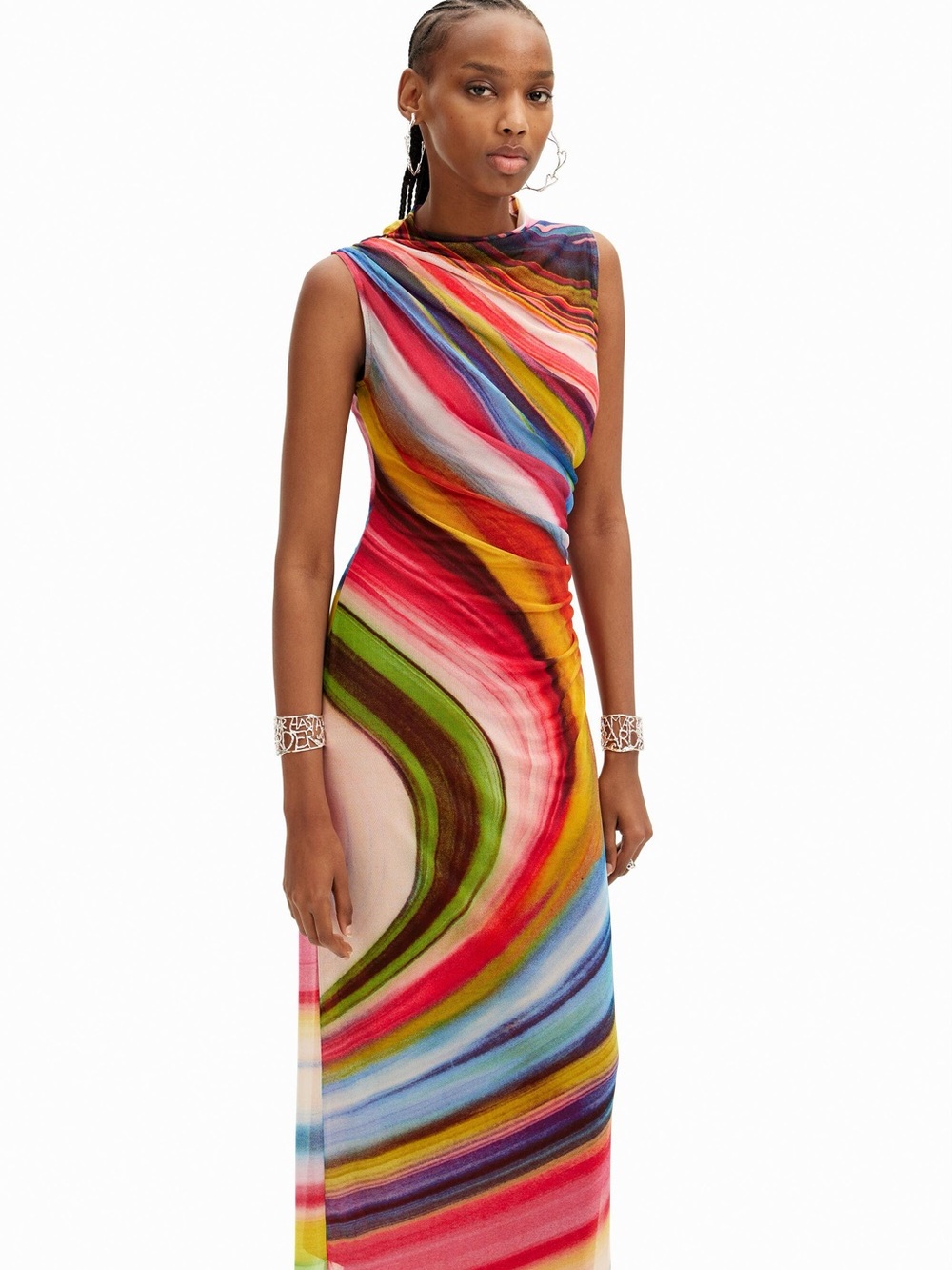 Desigual Tulle Wave Multicolor Sleeveless Midi Dress